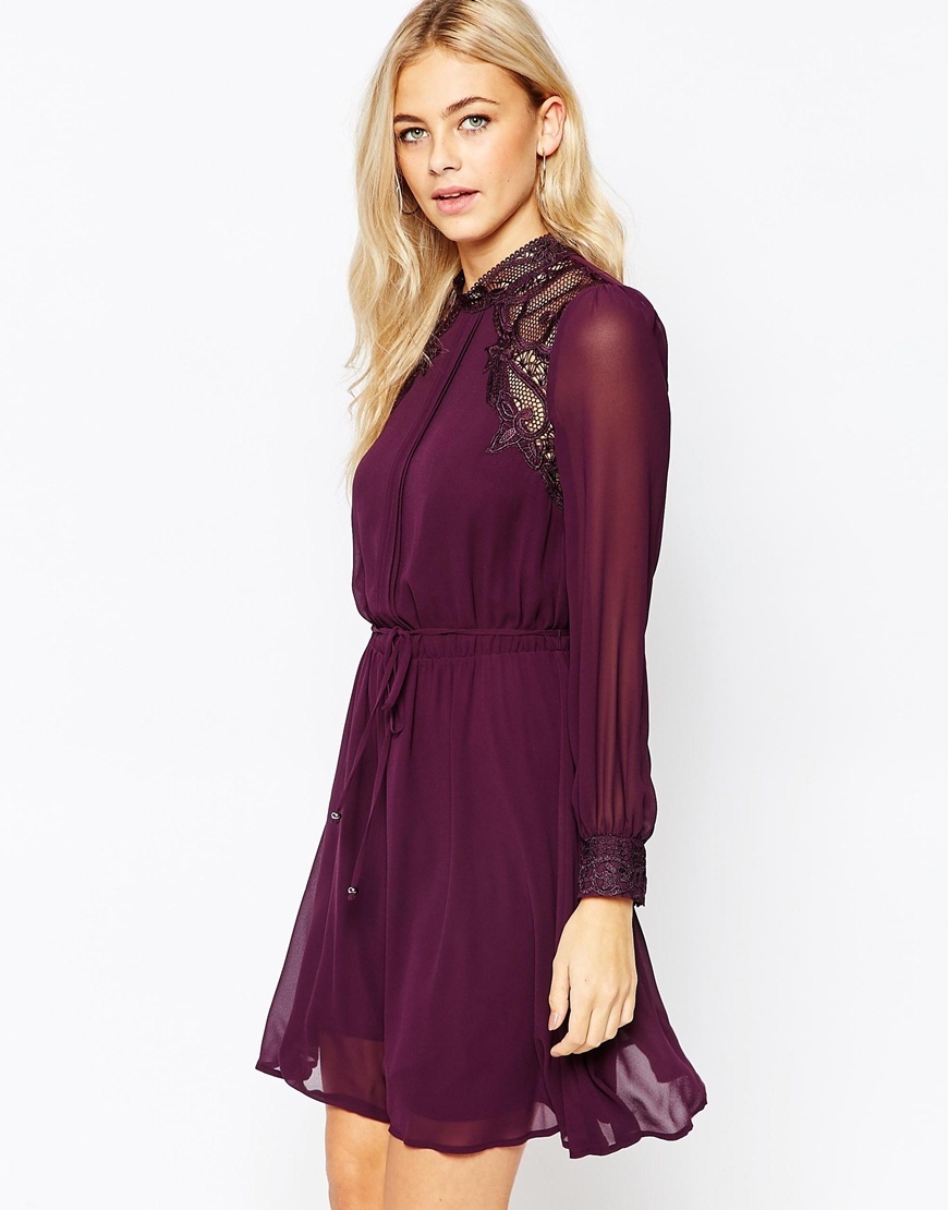 Lace Insert Skater Dress Grape - style: shirt; length: mid thigh; neckline: shirt collar/peter pan/zip with opening; fit: fitted at waist; pattern: plain; shoulder detail: contrast pattern/fabric at shoulder; waist detail: belted waist/tie at waist/drawstring; predominant colour: aubergine; occasions: evening, creative work; fibres: polyester/polyamide - 100%; hip detail: soft pleats at hip/draping at hip/flared at hip; sleeve length: long sleeve; sleeve style: standard; texture group: sheer fabrics/chiffon/organza etc.; pattern type: fabric; embellishment: lace; season: a/w 2015