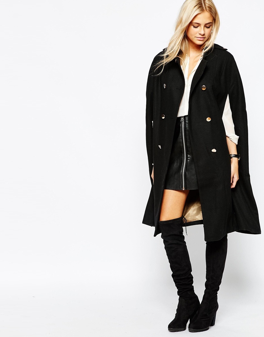 Premium Button Detail Coat Black - pattern: plain; fit: loose; style: cape; length: on the knee; collar: standard lapel/rever collar; predominant colour: black; occasions: casual, work, creative work; fibres: wool - mix; sleeve length: long sleeve; collar break: medium; pattern type: fabric; texture group: woven bulky/heavy; sleeve style: cape/poncho sleeve; season: a/w 2015