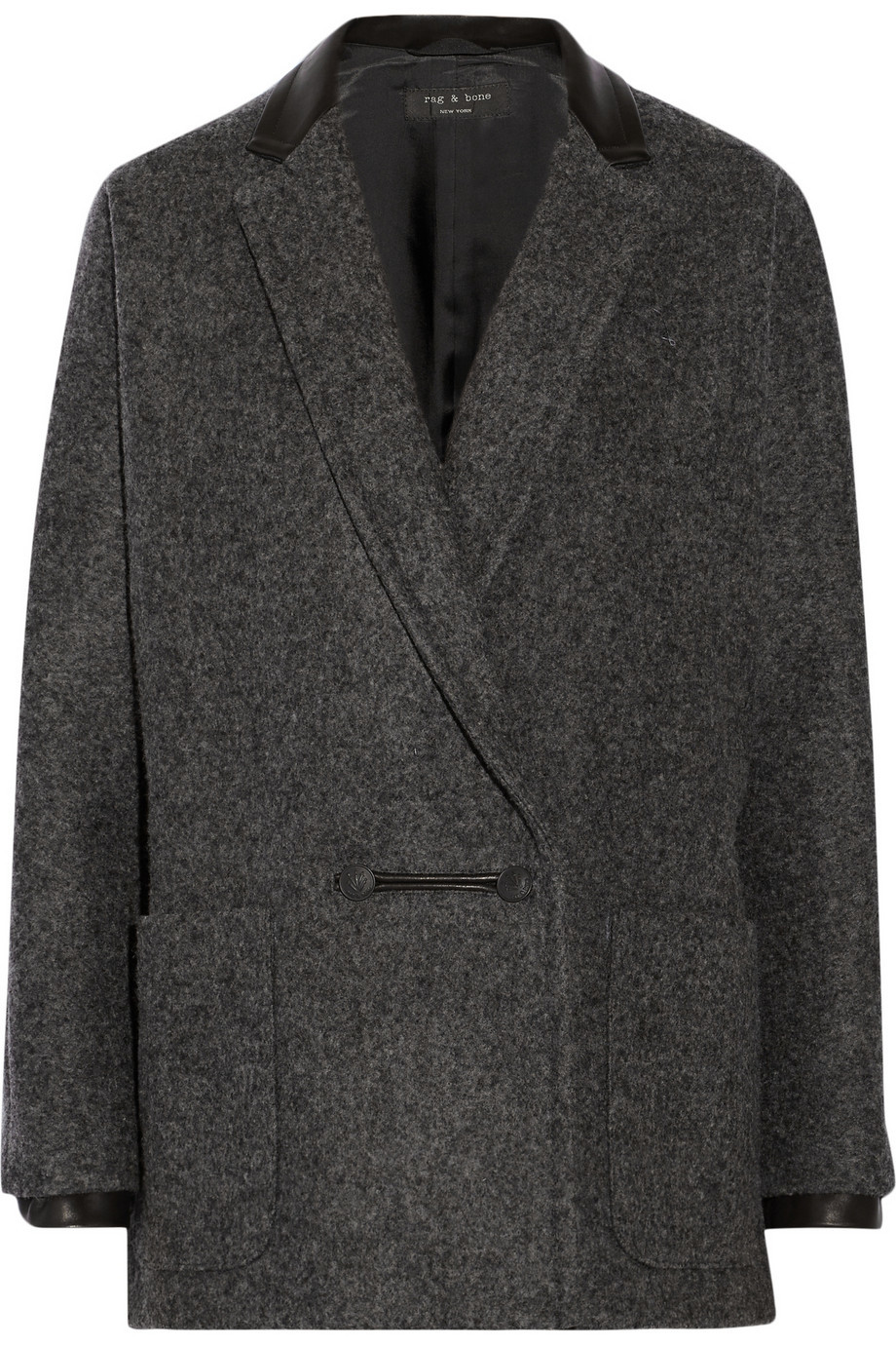 Primrose Leather Trimmed Wool Blend Coat Dark Gray - pattern: plain; length: standard; style: double breasted; fit: slim fit; collar: standard lapel/rever collar; predominant colour: charcoal; secondary colour: black; occasions: casual; fibres: wool - mix; sleeve length: long sleeve; sleeve style: standard; collar break: medium; pattern type: fabric; texture group: woven bulky/heavy; hip detail: front pockets at hip; season: a/w 2015