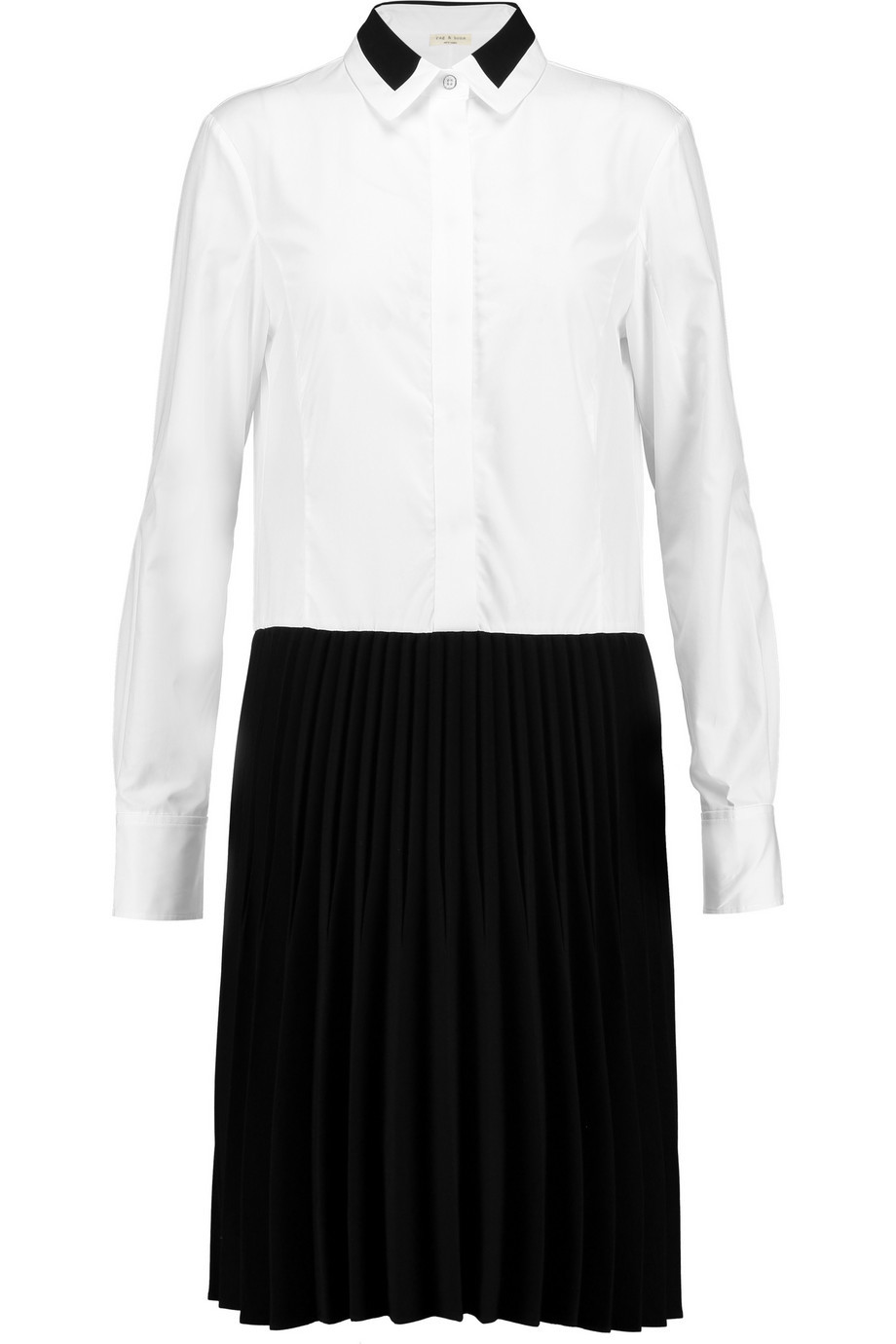 Courchevel Cotton Poplin And Crepe Shirt Dress White - style: shirt; neckline: shirt collar/peter pan/zip with opening; secondary colour: white; predominant colour: black; length: on the knee; fit: body skimming; hip detail: structured pleats at hip; sleeve length: long sleeve; sleeve style: standard; trends: monochrome; pattern type: fabric; pattern: colourblock; texture group: other - light to midweight; occasions: creative work; season: a/w 2015