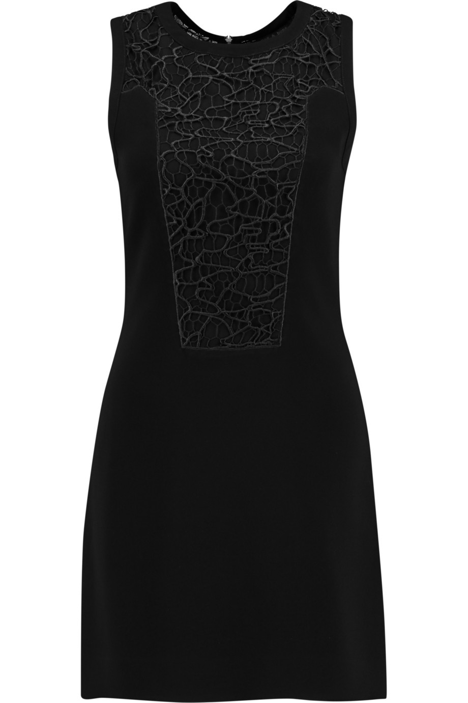 Mijo Guipure Lace Paneled Crepe Mini Dress Black - length: mid thigh; pattern: plain; sleeve style: sleeveless; bust detail: added detail/embellishment at bust; predominant colour: black; occasions: evening; fit: fitted at waist & bust; style: fit & flare; neckline: crew; sleeve length: sleeveless; texture group: sheer fabrics/chiffon/organza etc.; pattern type: fabric; fibres: viscose/rayon - mix; embellishment: lace; season: a/w 2015