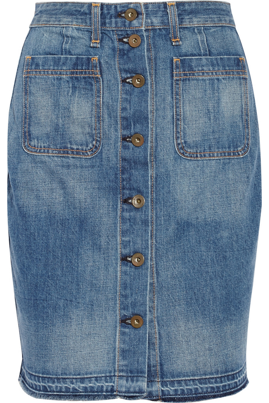 Washed Denim Mini Skirt Mid Denim - length: mid thigh; pattern: plain; style: pencil; fit: tailored/fitted; waist: high rise; predominant colour: denim; occasions: casual; fibres: cotton - 100%; texture group: denim; pattern type: fabric; season: a/w 2015