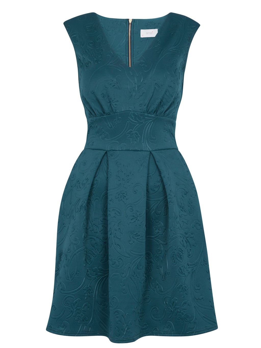 V Neck Embossed Scuba Dress, Green - neckline: v-neck; pattern: plain; sleeve style: sleeveless; waist detail: fitted waist; bust detail: ruching/gathering/draping/layers/pintuck pleats at bust; predominant colour: teal; occasions: evening; length: just above the knee; fit: fitted at waist & bust; style: fit & flare; fibres: polyester/polyamide - stretch; sleeve length: sleeveless; pattern type: fabric; texture group: other - light to midweight; season: a/w 2015