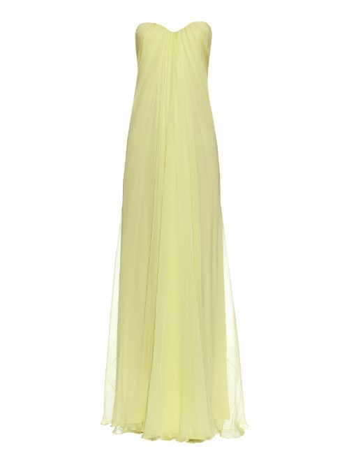 Bustier Top Silk Chiffon Gown - style: ballgown; neckline: strapless (straight/sweetheart); pattern: plain; sleeve style: strapless; predominant colour: primrose yellow; length: floor length; fit: body skimming; fibres: silk - 100%; occasions: occasion; sleeve length: sleeveless; texture group: sheer fabrics/chiffon/organza etc.; pattern type: fabric; season: a/w 2015