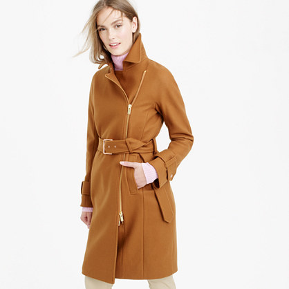 Petite Belted Zip Trench Coat In Wool Melton - pattern: plain; style: double breasted; collar: standard lapel/rever collar; length: mid thigh; predominant colour: mustard; occasions: casual, creative work; fit: tailored/fitted; fibres: wool - mix; waist detail: belted waist/tie at waist/drawstring; sleeve length: long sleeve; sleeve style: standard; collar break: medium; pattern type: fabric; texture group: woven light midweight; season: a/w 2015