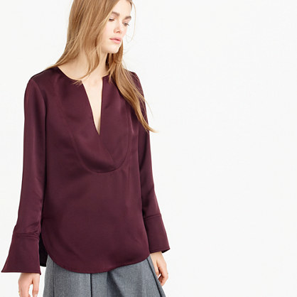 Collection Satin Tunic Top - neckline: low v-neck; sleeve style: bell sleeve; pattern: plain; length: below the bottom; style: tunic; predominant colour: burgundy; occasions: casual, creative work; fibres: acrylic - mix; fit: straight cut; sleeve length: long sleeve; texture group: structured shiny - satin/tafetta/silk etc.; pattern type: fabric; season: a/w 2015