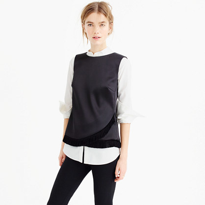 Collection Satin Sleeveless Shell With Fringe - pattern: plain; sleeve style: sleeveless; predominant colour: black; occasions: evening; length: standard; style: top; fibres: polyester/polyamide - 100%; fit: straight cut; neckline: crew; sleeve length: sleeveless; texture group: structured shiny - satin/tafetta/silk etc.; pattern type: fabric; season: a/w 2015