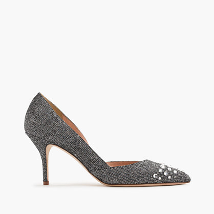 Collection Colette Jeweled Glitter Pumps - occasions: evening, occasion; material: fabric; heel height: high; embellishment: jewels/stone; heel: stiletto; toe: pointed toe; style: courts; finish: metallic; pattern: plain; secondary colour: clear; predominant colour: pewter; season: a/w 2015