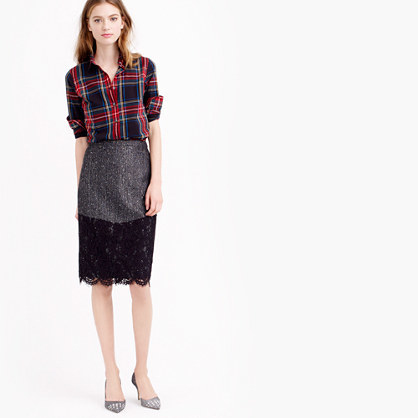 The Petite Perfect Party Skirt - style: pencil; fit: tailored/fitted; waist: high rise; secondary colour: charcoal; predominant colour: black; occasions: evening, creative work; length: on the knee; pattern type: fabric; pattern: colourblock; texture group: woven light midweight; embellishment: lace; pattern size: light/subtle (bottom); season: a/w 2015
