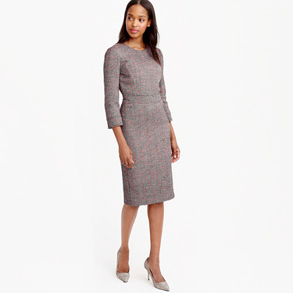 Petite Neon Tweed Long Sleeve Dress - style: shift; fit: tailored/fitted; pattern: plain; predominant colour: light grey; occasions: evening; length: on the knee; fibres: polyester/polyamide - mix; neckline: crew; sleeve length: 3/4 length; sleeve style: standard; pattern type: fabric; texture group: tweed - light/midweight; season: a/w 2015