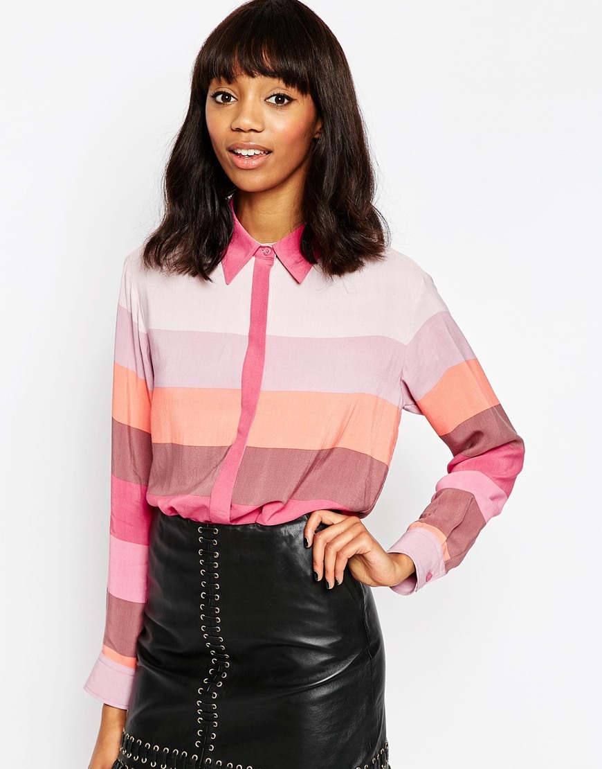 Pastel Stripe Blouse Multi - neckline: shirt collar/peter pan/zip with opening; pattern: horizontal stripes; style: shirt; predominant colour: pink; secondary colour: blush; occasions: casual, creative work; length: standard; fibres: viscose/rayon - 100%; fit: body skimming; sleeve length: long sleeve; sleeve style: standard; texture group: crepes; pattern type: fabric; pattern size: light/subtle; season: a/w 2015