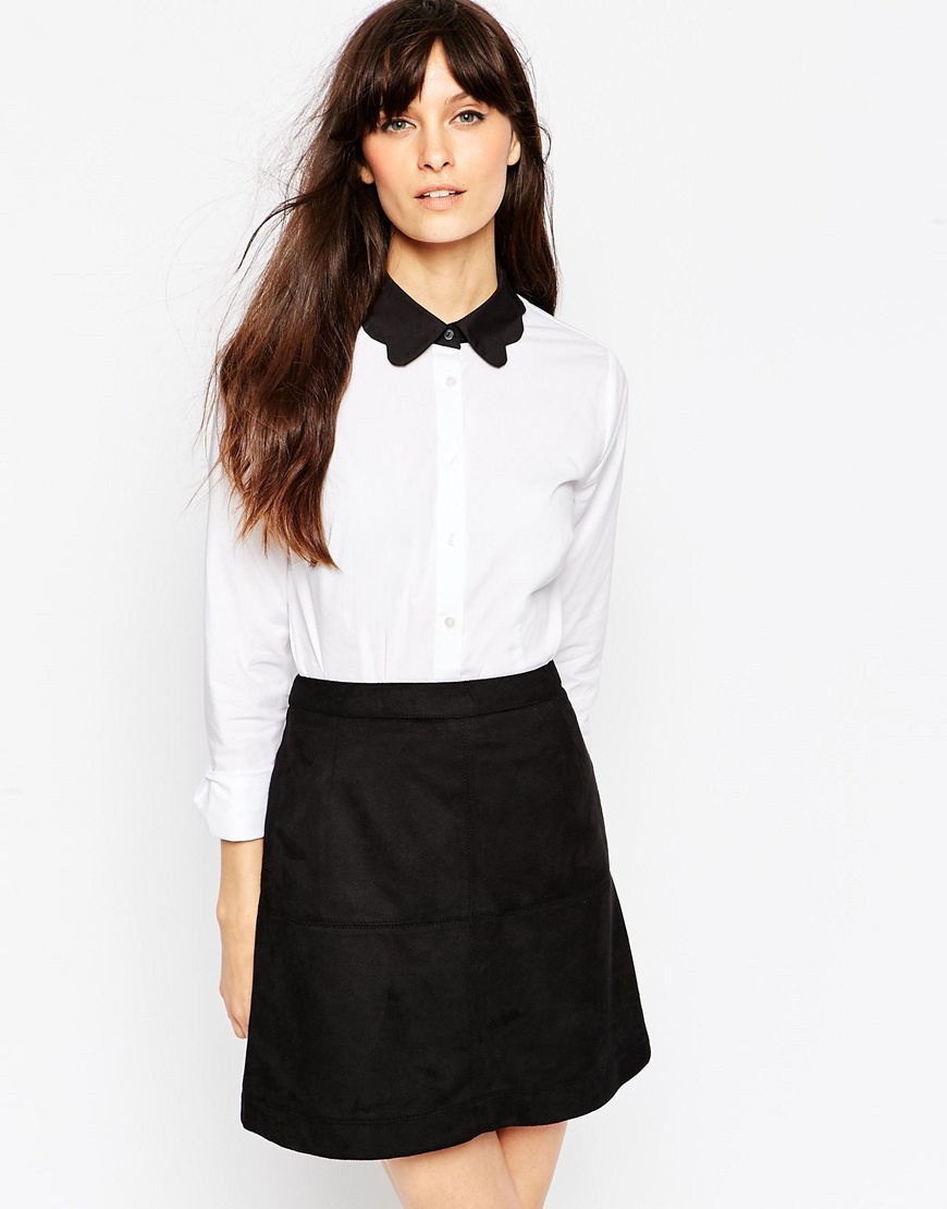 Contrast Collar Scallop Shirt White - neckline: shirt collar/peter pan/zip with opening; style: shirt; predominant colour: white; secondary colour: black; occasions: casual, creative work; length: standard; fibres: polyester/polyamide - 100%; fit: tailored/fitted; sleeve length: long sleeve; sleeve style: standard; trends: monochrome; texture group: crepes; pattern type: fabric; pattern size: standard; pattern: colourblock; season: a/w 2015