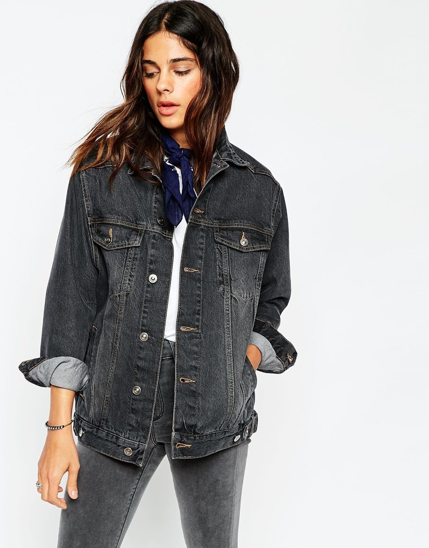 Denim Girlfriend Jacket In Washed Black Black - pattern: plain; length: below the bottom; style: denim; predominant colour: navy; occasions: casual; fit: straight cut (boxy); fibres: cotton - 100%; collar: shirt collar/peter pan/zip with opening; sleeve length: long sleeve; sleeve style: standard; texture group: denim; collar break: high/illusion of break when open; pattern type: fabric; season: a/w 2015