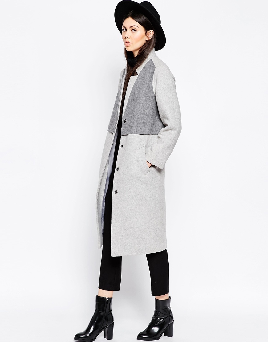 Coat In Cocoon Fit With Panel Detail Grey - style: single breasted; collar: standard lapel/rever collar; secondary colour: charcoal; predominant colour: light grey; occasions: casual, creative work; fit: straight cut (boxy); fibres: wool - mix; length: below the knee; sleeve length: long sleeve; sleeve style: standard; collar break: medium; pattern type: fabric; pattern size: standard; pattern: colourblock; texture group: woven bulky/heavy; season: a/w 2015