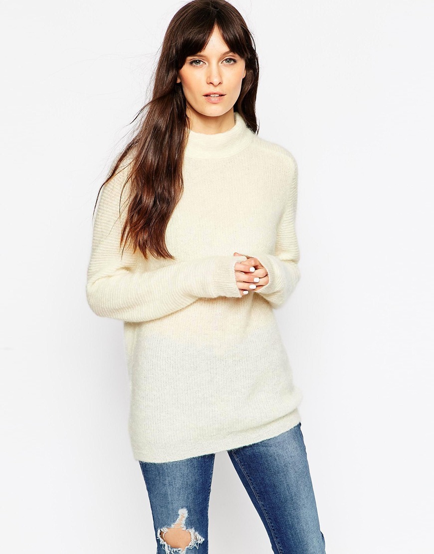 Mohair Jumper With Saddle Sleeve Winter White - pattern: plain; neckline: high neck; length: below the bottom; style: standard; predominant colour: ivory/cream; occasions: casual, creative work; fibres: wool - mix; fit: standard fit; sleeve length: long sleeve; sleeve style: standard; texture group: knits/crochet; season: a/w 2015