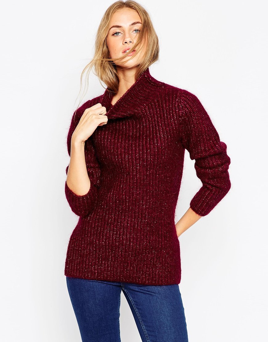 Premium Rib Stitch Jumper In Mohair With Funnel Neck Berry - pattern: plain; neckline: high neck; style: standard; predominant colour: burgundy; occasions: casual; length: standard; fibres: wool - mix; fit: standard fit; sleeve length: long sleeve; sleeve style: standard; texture group: knits/crochet; pattern type: knitted - other; season: a/w 2015