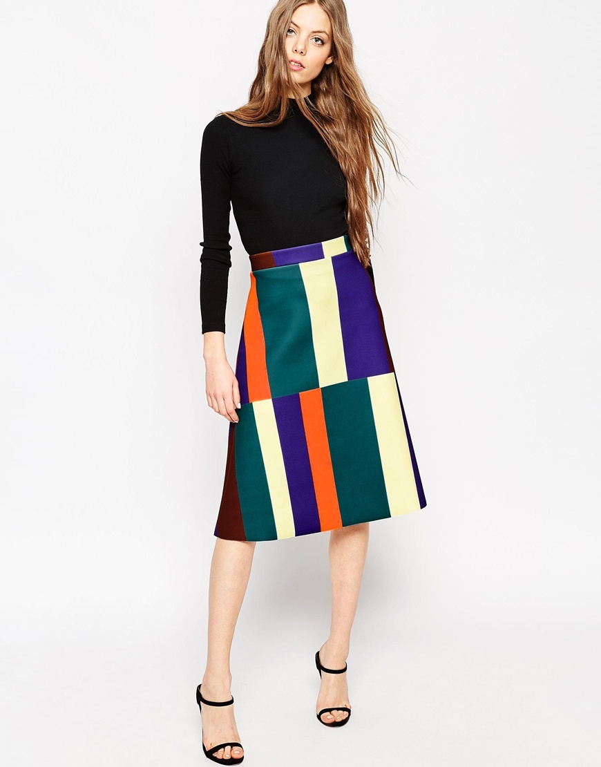 Midi Skirt In Abstract Stripe Multi - length: below the knee; waist: high rise; predominant colour: emerald green; secondary colour: bright orange; style: a-line; fit: straight cut; pattern type: fabric; pattern: colourblock; texture group: woven light midweight; occasions: creative work; multicoloured: multicoloured; season: a/w 2015