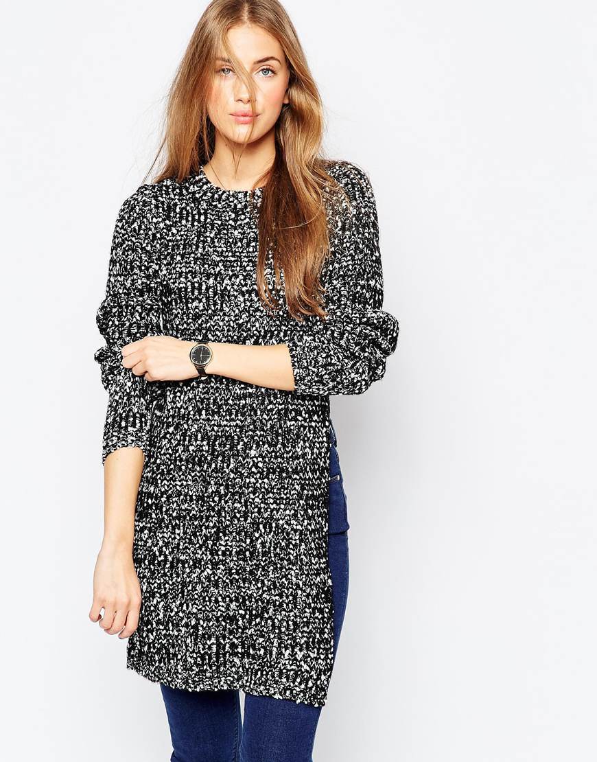 Longline Tunic In Rib With Side Splits In Mono Tweedy Yarn Mono - length: below the bottom; style: tunic; secondary colour: white; predominant colour: black; occasions: casual; fibres: acrylic - 100%; fit: standard fit; neckline: crew; sleeve length: long sleeve; sleeve style: standard; trends: monochrome; texture group: knits/crochet; pattern type: knitted - other; pattern: marl; season: a/w 2015