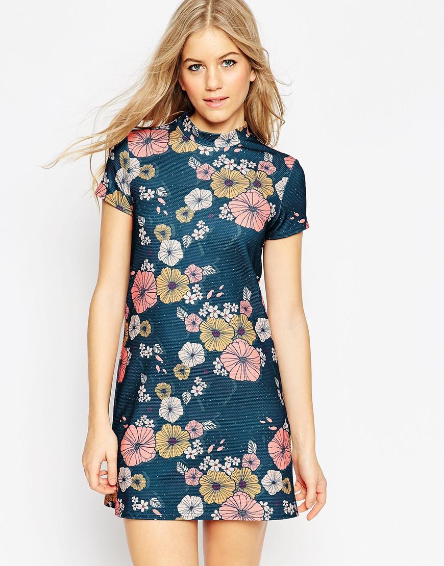 High Neck Mini Dress In Textured Floral Print Multi - style: shift; length: mini; sleeve style: capped; fit: tailored/fitted; neckline: high neck; secondary colour: blush; predominant colour: teal; occasions: evening; fibres: polyester/polyamide - 100%; sleeve length: short sleeve; pattern type: fabric; pattern size: standard; pattern: florals; texture group: brocade/jacquard; multicoloured: multicoloured; season: a/w 2015
