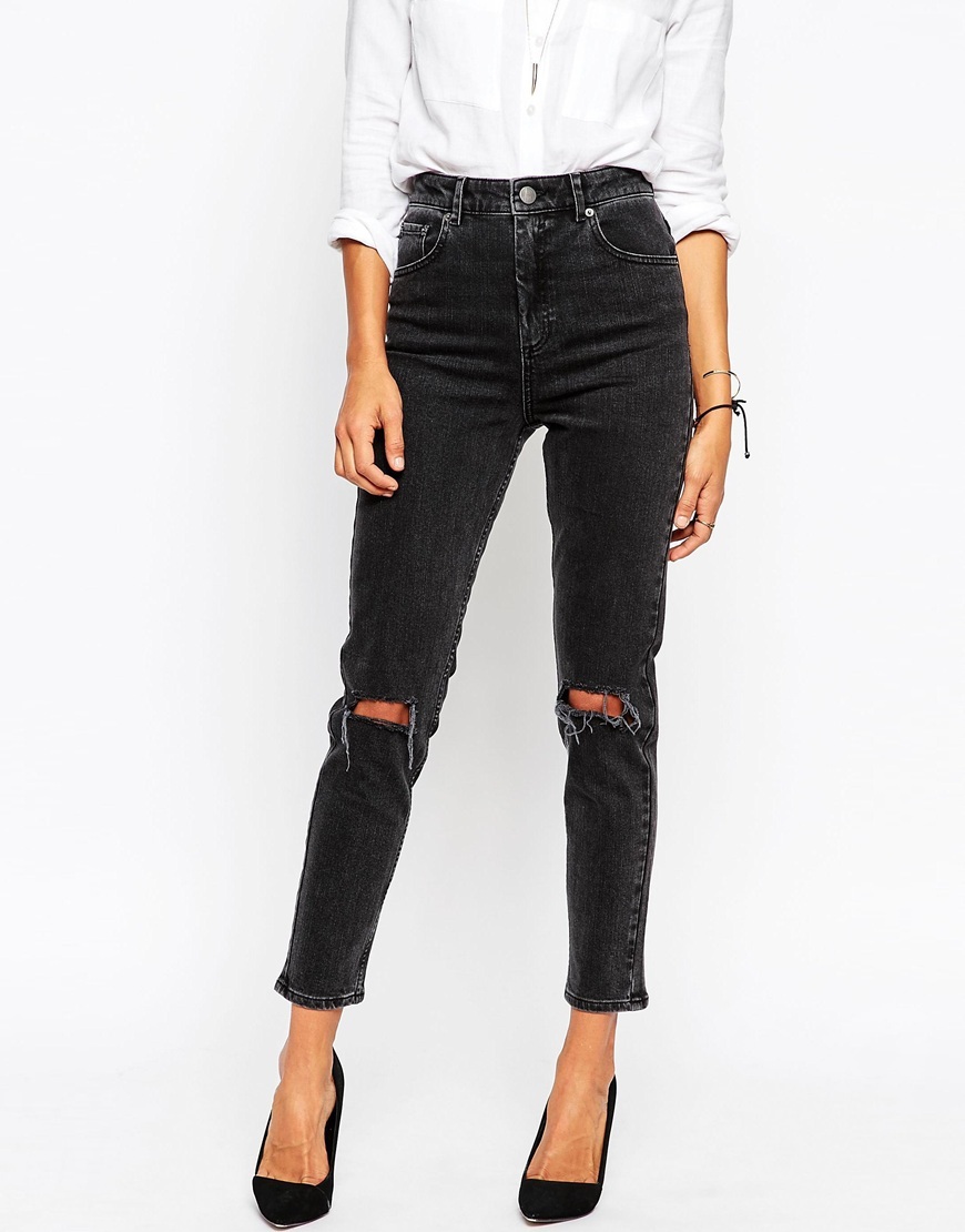 Farleigh High Waist Slim Mom Jeans In Washed Black With Busted Knees Washed Black - style: skinny leg; length: standard; pattern: plain; waist: high rise; pocket detail: traditional 5 pocket; predominant colour: black; occasions: casual; fibres: cotton - stretch; texture group: denim; pattern type: fabric; season: a/w 2015
