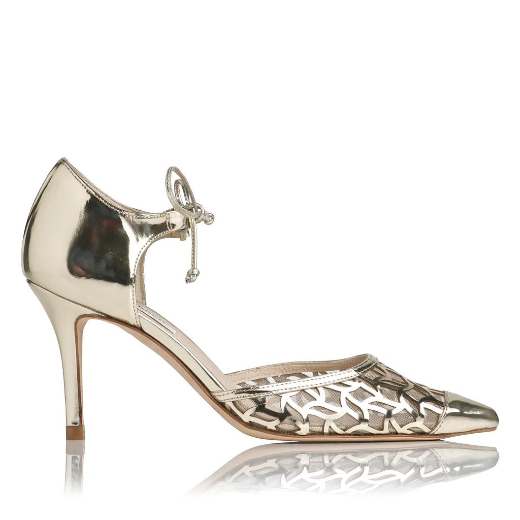 Fauna Metallic Leather Courts Metallic Champagne - predominant colour: gold; occasions: evening, occasion; material: leather; heel height: high; ankle detail: ankle strap; heel: stiletto; toe: pointed toe; style: courts; finish: metallic; pattern: plain; season: a/w 2015