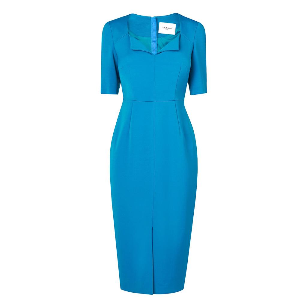 Amy Tailored Blue Dress Blue Azure - style: shift; length: below the knee; neckline: v-neck; fit: tailored/fitted; pattern: plain; predominant colour: diva blue; fibres: polyester/polyamide - stretch; sleeve length: short sleeve; sleeve style: standard; pattern type: fabric; texture group: woven light midweight; occasions: creative work; season: a/w 2015