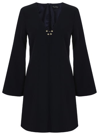 Womens Flute Sleeve Gold Detail Dress, Navy - style: shift; length: mid thigh; neckline: v-neck; pattern: plain; predominant colour: navy; occasions: evening, creative work; fit: body skimming; fibres: polyester/polyamide - stretch; sleeve length: long sleeve; sleeve style: standard; texture group: jersey - stretchy/drapey; season: a/w 2015
