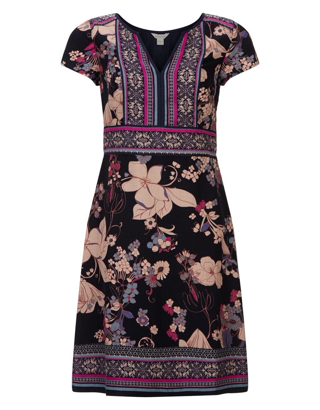 Madeline Print Dress - style: tunic; length: mid thigh; neckline: v-neck; sleeve style: capped; secondary colour: nude; predominant colour: black; occasions: casual, creative work; fit: body skimming; fibres: polyester/polyamide - stretch; sleeve length: short sleeve; pattern type: fabric; pattern: florals; texture group: woven light midweight; multicoloured: multicoloured; season: a/w 2015