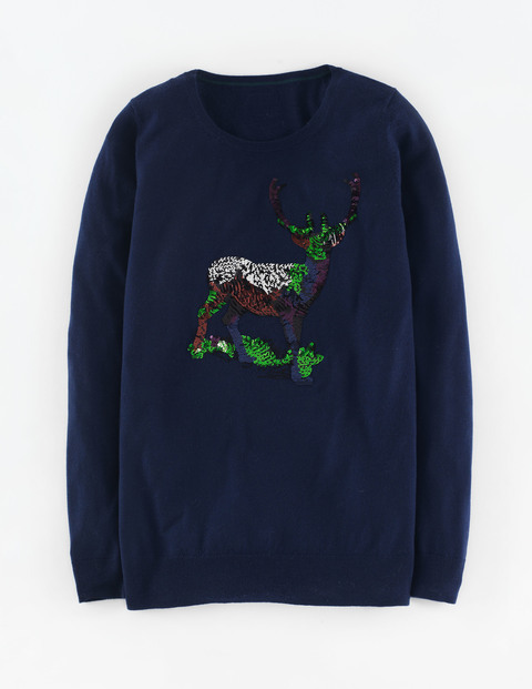 Embellished Xmas Jumper Navy Sequin Stag Women, Navy Sequin Stag - neckline: round neck; pattern: plain; length: below the bottom; style: standard; predominant colour: navy; secondary colour: emerald green; fibres: wool - 100%; occasions: occasion; fit: standard fit; sleeve length: long sleeve; sleeve style: standard; texture group: knits/crochet; pattern type: knitted - fine stitch; embellishment: sequins; trends: christmas jumpers; multicoloured: multicoloured; season: a/w 2015