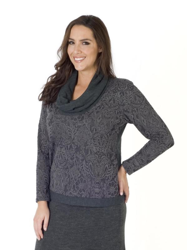 Charcoal Baroque Fan Pleat Top - neckline: cowl/draped neck; predominant colour: charcoal; occasions: casual, creative work; length: standard; style: top; fibres: polyester/polyamide - stretch; fit: body skimming; sleeve length: long sleeve; sleeve style: standard; texture group: jersey - clingy; pattern type: fabric; pattern: patterned/print; season: a/w 2015