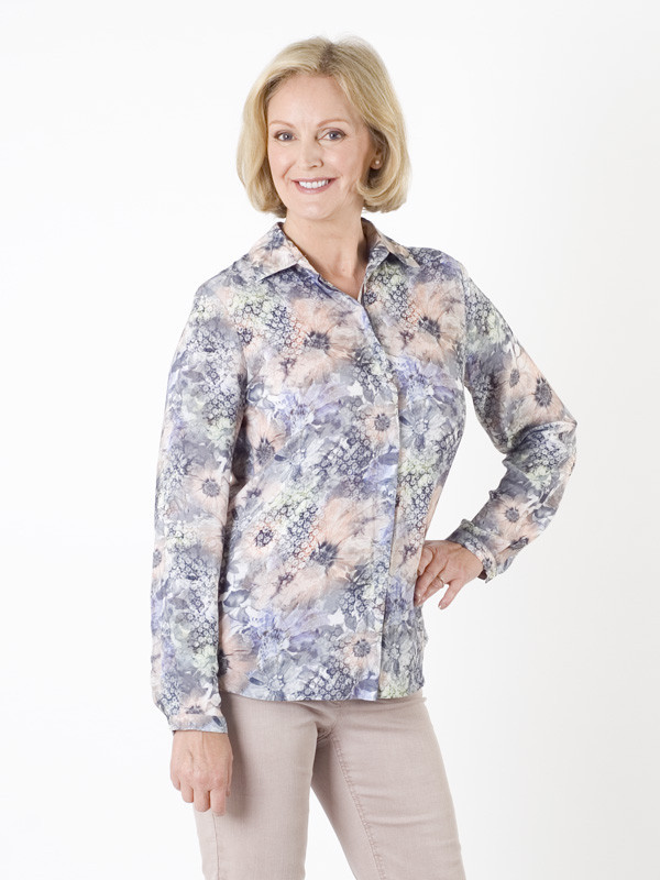 Gerry Weber Floral Multi Print Blouse - neckline: shirt collar/peter pan/zip with opening; style: blouse; predominant colour: pale blue; occasions: casual, creative work; length: standard; fibres: viscose/rayon - stretch; fit: body skimming; sleeve length: long sleeve; sleeve style: standard; pattern type: fabric; pattern: florals; texture group: jersey - stretchy/drapey; pattern size: big & busy (top); multicoloured: multicoloured; season: a/w 2015