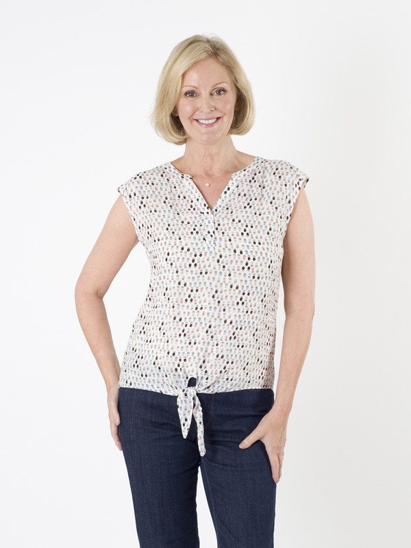 Taifun Pineapple Sleeveless Top - sleeve style: capped; predominant colour: ivory/cream; occasions: casual; length: standard; style: top; neckline: collarstand & mandarin with v-neck; fibres: viscose/rayon - 100%; fit: body skimming; sleeve length: short sleeve; pattern type: fabric; pattern size: standard; pattern: patterned/print; texture group: jersey - stretchy/drapey; season: a/w 2015