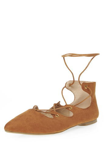 Womens Tan 'hurlie' Lace Up Pumps Brown - predominant colour: tan; occasions: casual, creative work; heel height: flat; ankle detail: ankle tie; toe: pointed toe; style: ballerinas / pumps; finish: plain; pattern: plain; material: faux suede; season: a/w 2015