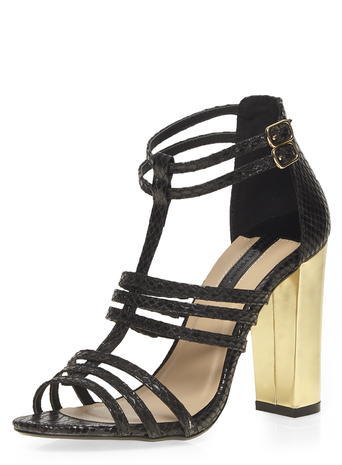 Womens Black 'saskia' Strappy Sandals Black - predominant colour: black; occasions: evening, occasion; material: faux leather; heel height: high; ankle detail: ankle strap; heel: block; toe: open toe/peeptoe; style: strappy; finish: plain; pattern: plain; season: a/w 2015