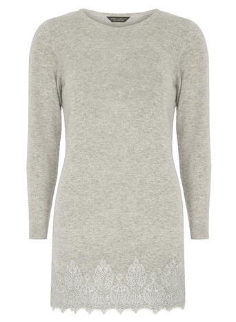 Womens Grey Marl Metallic Lace Jumper Grey - pattern: plain; length: below the bottom; style: tunic; predominant colour: mid grey; occasions: casual, creative work; fit: standard fit; neckline: crew; sleeve length: long sleeve; sleeve style: standard; texture group: knits/crochet; pattern type: knitted - fine stitch; fibres: viscose/rayon - mix; embellishment: lace; season: a/w 2015