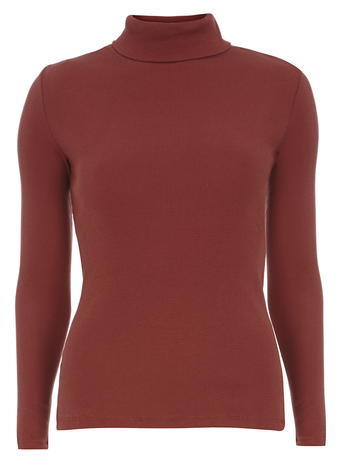 Womens Rib Roll Neck Top Red - pattern: plain; neckline: roll neck; predominant colour: terracotta; occasions: casual; length: standard; style: top; fibres: cotton - 100%; fit: body skimming; sleeve length: long sleeve; sleeve style: standard; pattern type: fabric; texture group: jersey - stretchy/drapey; season: a/w 2015