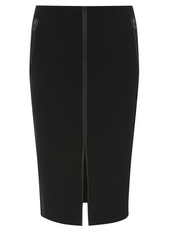 Womens Black Pu Trim Skirt Black - length: below the knee; pattern: plain; style: pencil; fit: tailored/fitted; waist: mid/regular rise; predominant colour: black; occasions: work; fibres: polyester/polyamide - 100%; pattern type: fabric; texture group: other - light to midweight; season: a/w 2015
