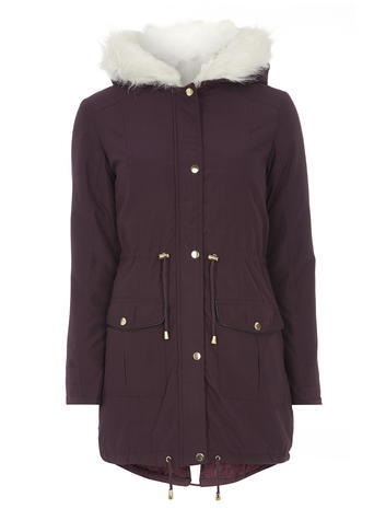 Womens Faux Leather Trim Parka Purple - pattern: plain; collar: funnel; style: parka; length: mid thigh; secondary colour: ivory/cream; predominant colour: burgundy; occasions: casual, creative work; fit: straight cut (boxy); waist detail: belted waist/tie at waist/drawstring; sleeve length: long sleeve; sleeve style: standard; texture group: technical outdoor fabrics; collar break: high; pattern type: fabric; embellishment: fur; season: a/w 2015
