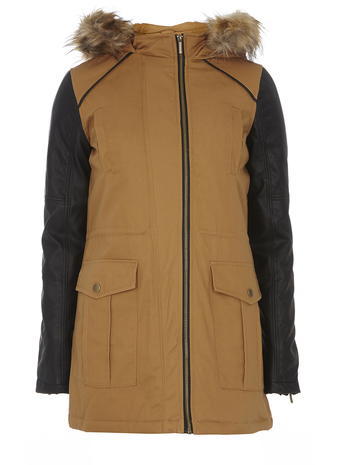 Womens Tan Faux Leather Sleeve Parka Coat Brown - length: below the bottom; collar: funnel; style: parka; back detail: hood; shoulder detail: contrast pattern/fabric at shoulder; predominant colour: tan; secondary colour: black; occasions: casual, creative work; fit: straight cut (boxy); fibres: cotton - 100%; hip detail: added detail/embellishment at hip; sleeve length: long sleeve; sleeve style: standard; texture group: cotton feel fabrics; collar break: high; pattern type: fabric; pattern size: standard; pattern: colourblock; season: a/w 2015