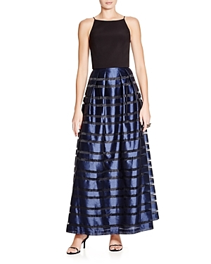 Sleeveless Two Piece Gown - neckline: high square neck; sleeve style: spaghetti straps; pattern: plain; style: maxi dress; length: ankle length; predominant colour: navy; fit: fitted at waist & bust; fibres: silk - mix; occasions: occasion; hip detail: contrast fabric/print detail at hip; sleeve length: sleeveless; pattern type: fabric; texture group: woven light midweight; season: a/w 2015