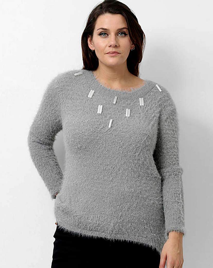 Koko Embellished Jumper - pattern: plain; bust detail: added detail/embellishment at bust; style: standard; predominant colour: light grey; occasions: casual; length: standard; fibres: acrylic - mix; fit: slim fit; neckline: crew; sleeve length: long sleeve; sleeve style: standard; texture group: knits/crochet; pattern type: fabric; embellishment: beading; season: a/w 2015