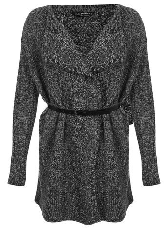 Womens Petite Long Sleeve Cardigan, Grey - neckline: v-neck; pattern: plain; length: below the bottom; predominant colour: charcoal; occasions: casual, work, creative work; style: standard; fibres: acrylic - 100%; fit: loose; waist detail: belted waist/tie at waist/drawstring; sleeve length: long sleeve; sleeve style: standard; texture group: knits/crochet; pattern type: knitted - fine stitch; season: a/w 2015