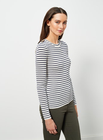 Womens Navy Stripe Button Jumper, Navy - pattern: horizontal stripes; style: standard; predominant colour: white; secondary colour: navy; occasions: casual, creative work; length: standard; fibres: acrylic - mix; fit: slim fit; neckline: crew; sleeve length: long sleeve; sleeve style: standard; texture group: knits/crochet; pattern type: knitted - fine stitch; season: a/w 2015