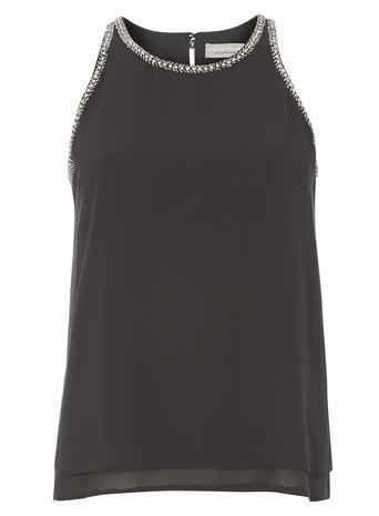 Womens Petite Embellished Top In Grey Top Grey - neckline: round neck; pattern: plain; sleeve style: sleeveless; predominant colour: black; occasions: evening; length: standard; style: top; fibres: polyester/polyamide - 100%; fit: body skimming; sleeve length: sleeveless; pattern type: fabric; texture group: jersey - stretchy/drapey; embellishment: crystals/glass; season: a/w 2015