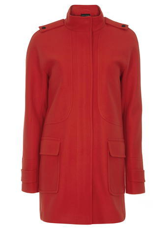 Womens Tomato Funnel Coat Red - pattern: plain; collar: funnel; style: single breasted; length: mid thigh; predominant colour: true red; occasions: casual, creative work; fit: straight cut (boxy); fibres: polyester/polyamide - mix; sleeve length: long sleeve; sleeve style: standard; collar break: high/illusion of break when open; pattern type: fabric; texture group: woven bulky/heavy; hip detail: front pockets at hip; season: a/w 2015