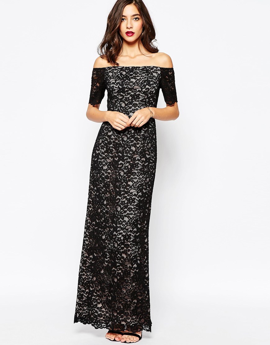 Off The Shoulder Lace Maxi Dress Black - neckline: off the shoulder; fit: tailored/fitted; style: maxi dress; back detail: low cut/open back; predominant colour: black; length: floor length; occasions: occasion; sleeve length: half sleeve; sleeve style: standard; texture group: lace; pattern type: fabric; pattern size: standard; pattern: patterned/print; fibres: viscose/rayon - mix; season: a/w 2015