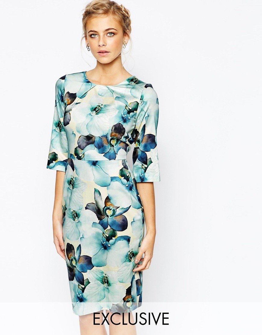 Closet Floral Print Midi Dress With 3/4 Sleeve Overscale Floral - style: shift; length: below the knee; predominant colour: pale blue; secondary colour: chocolate brown; occasions: evening; fit: body skimming; fibres: cotton - stretch; neckline: crew; sleeve length: 3/4 length; sleeve style: standard; pattern type: fabric; pattern: florals; texture group: woven light midweight; multicoloured: multicoloured; season: a/w 2015
