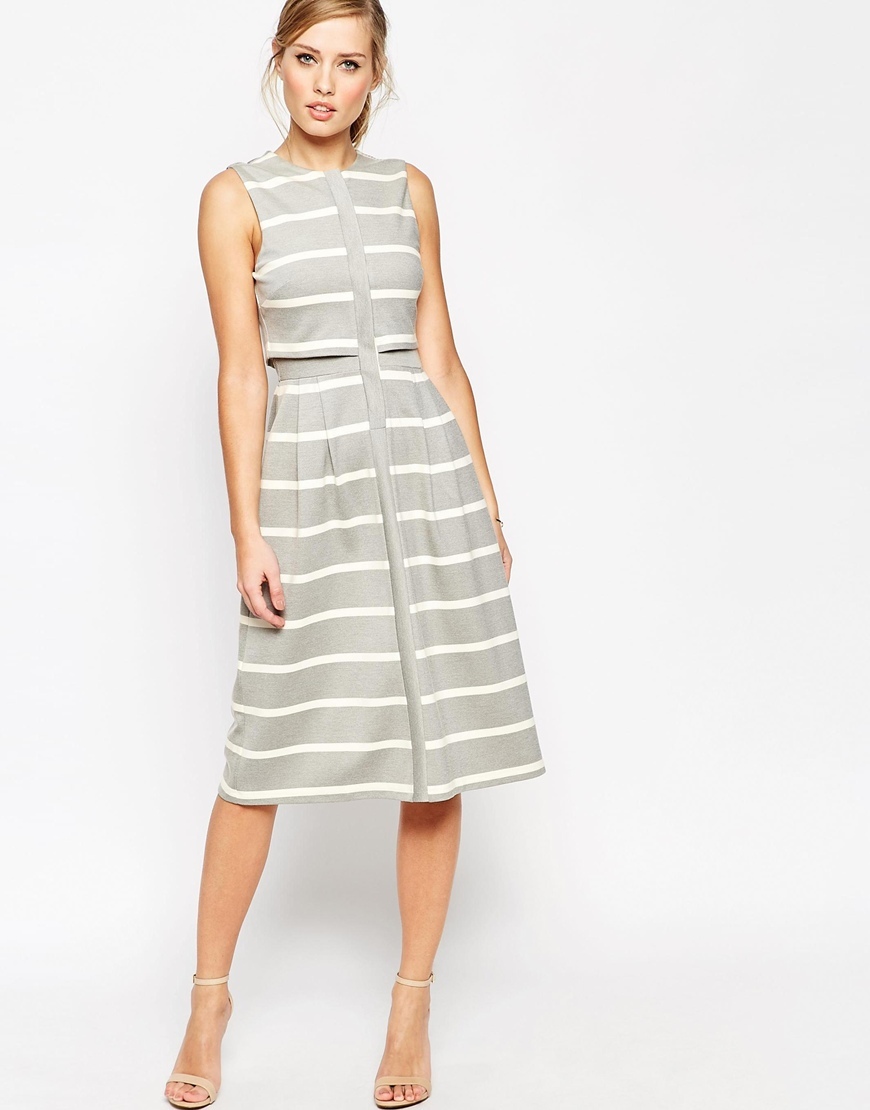 Stripe Double Layer Full Midi Dress Stripe - style: shift; length: below the knee; pattern: horizontal stripes; sleeve style: sleeveless; secondary colour: white; predominant colour: light grey; occasions: evening; fit: soft a-line; fibres: viscose/rayon - stretch; neckline: crew; sleeve length: sleeveless; texture group: knits/crochet; pattern type: knitted - fine stitch; pattern size: standard; season: a/w 2015