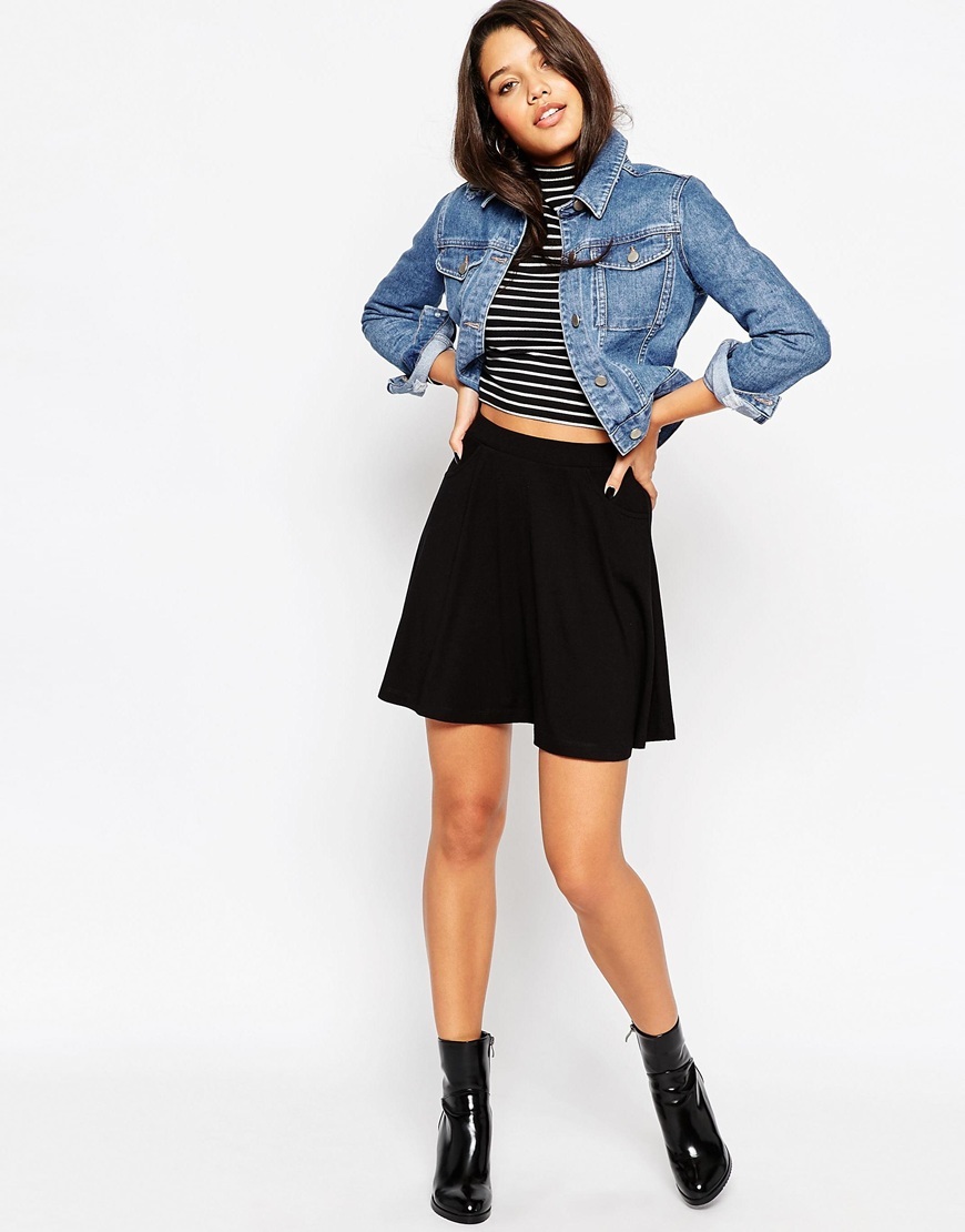 Skater Skirt With Pockets Black - length: mini; pattern: plain; fit: loose/voluminous; waist: high rise; predominant colour: black; occasions: casual; style: mini skirt; fibres: viscose/rayon - stretch; pattern type: fabric; texture group: jersey - stretchy/drapey; season: a/w 2015