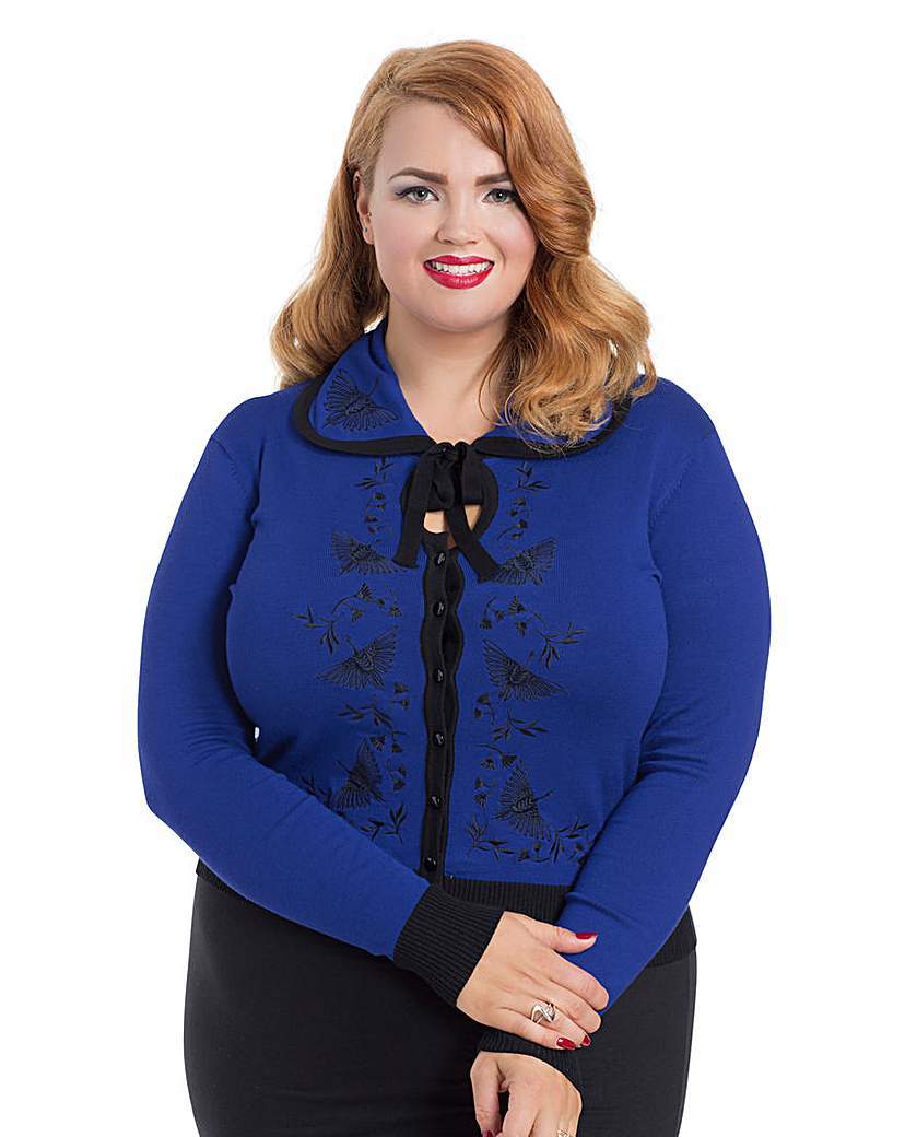 Voodoo Vixen Tie Neck Cardigan - neckline: shirt collar/peter pan/zip with opening; predominant colour: royal blue; secondary colour: black; occasions: casual, creative work; length: standard; style: standard; fit: standard fit; sleeve length: long sleeve; sleeve style: standard; texture group: knits/crochet; pattern type: knitted - fine stitch; pattern size: light/subtle; pattern: patterned/print; embellishment: embroidered; fibres: viscose/rayon - mix; season: a/w 2015